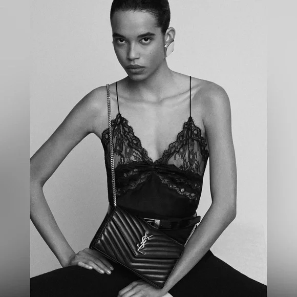 Saint Laurent Cassandre Black Quilted Envelope Leather Chain Wallet Purse - Picture 2 of 11